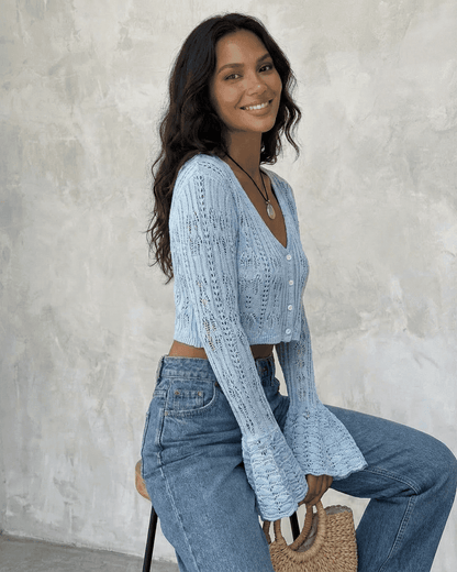 Azure Cardigan by Lauven, cropped cotton knit design with flare sleeves, perfect for everyday styling.