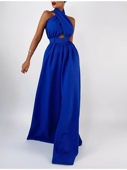 Azure Halter Jumpsuit by Lauven – Stunning blue wide leg silhouette with open back design.