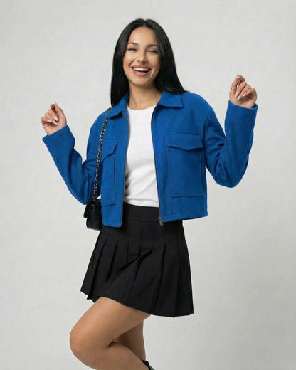 Azure Jacket by Lauven, Women's blue jacket with polo collar, perfect for versatile styling.