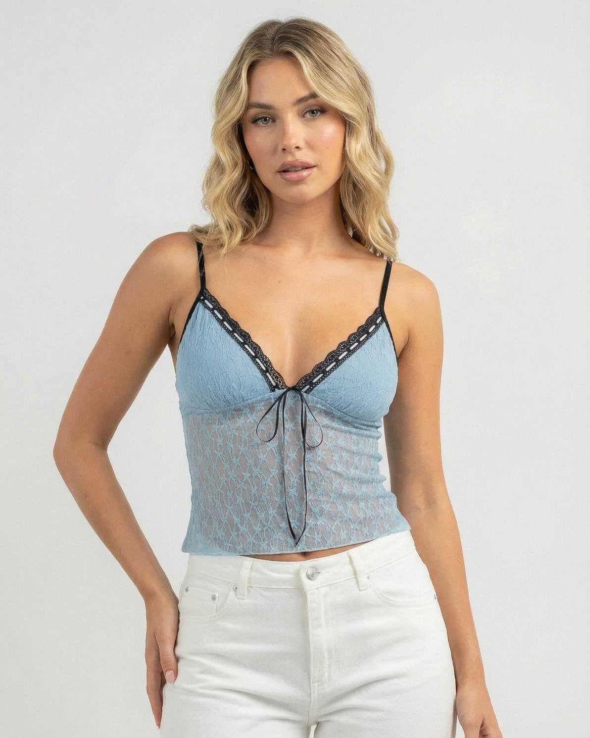 Azure Lace Top by Lauven – Women's vintage lace tank with soft blue body and black lace trim.