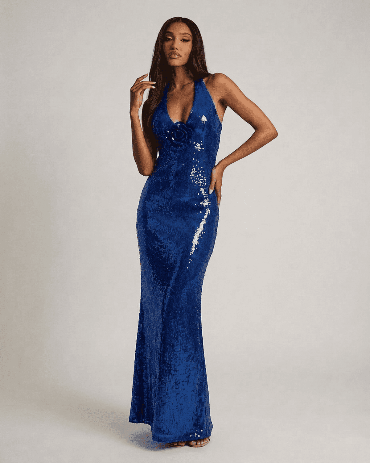 Azure Maxi Dress by Lauven, backless V-neck silhouette in rich blue with floral sequin detail, perfect for elegant occasions.