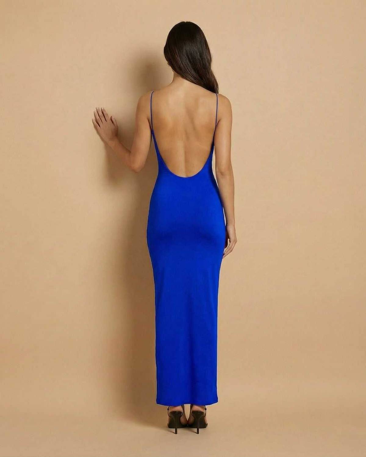 Azure Maxi Dress by Lauven, showcasing a blue maxi dress with an elegant open back silhouette.