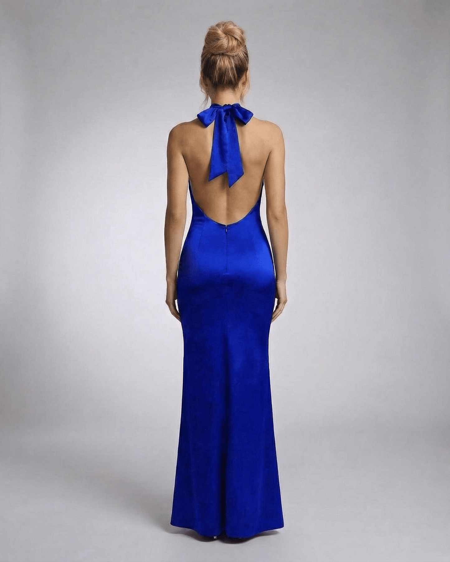 Azure Maxi Dress by Lauven - Back view showcasing sleek bodycon silhouette and halter neckline.