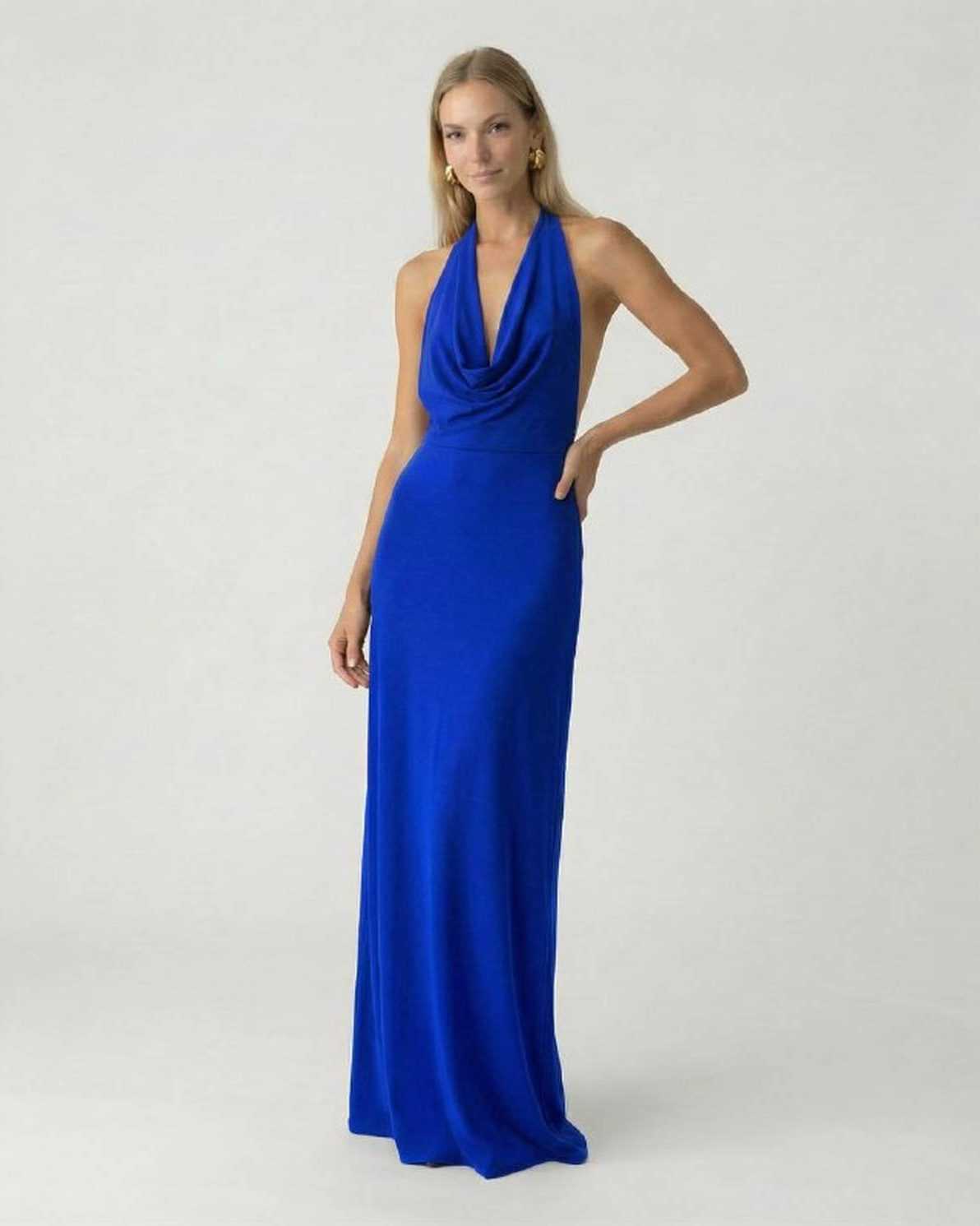 Azure Maxi Dress by Lauven – Elegant halter neck slip maxi dress in vibrant blue with open back design.