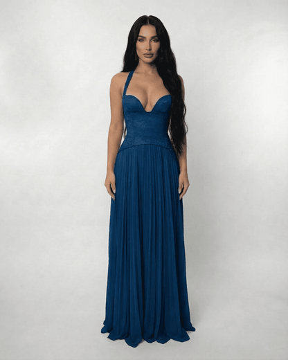 Azure Maxi Dress by Lauven featuring a lace halter bodice and pleated maxi skirt in deep blue.