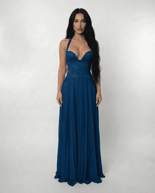 Azure Maxi Dress by Lauven featuring a lace halter bodice and pleated maxi skirt in deep blue.