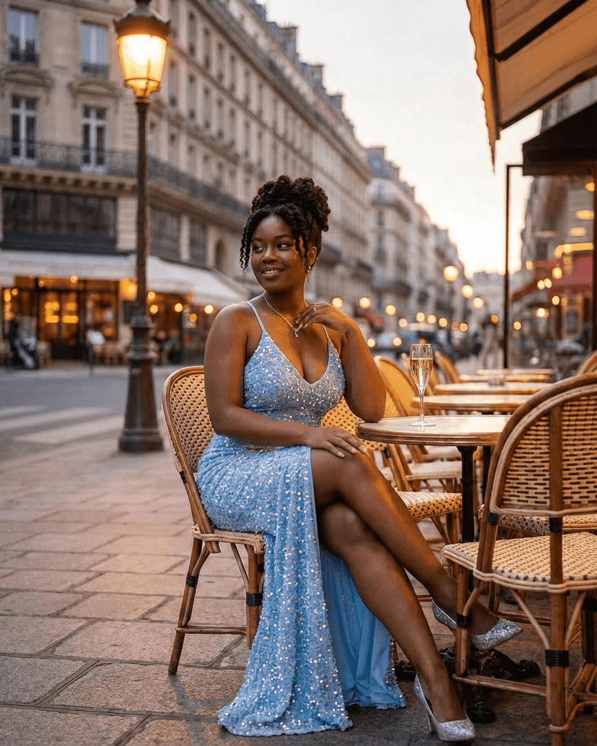 Azure Maxi Dress by Lauven, featuring a shimmering light blue velvet design with sequins and a thigh-high slit.