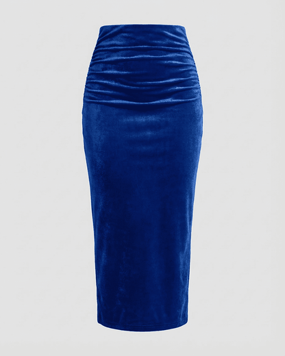 Azure Midi Skirt by Lauven — High-waisted velvet pencil skirt with elegant back slit in deep blue.