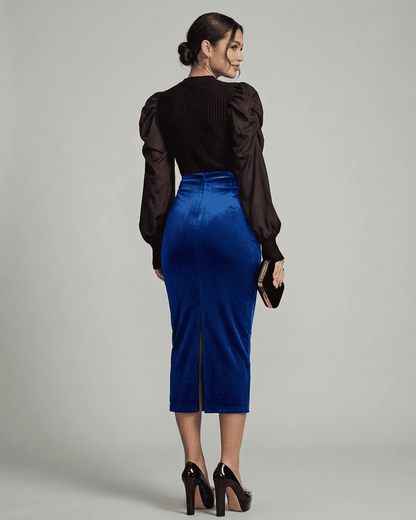Azure Midi Skirt by Lauven — High-waisted velvet mid-skirt with an elegant back slit, perfect for modern wardrobes.