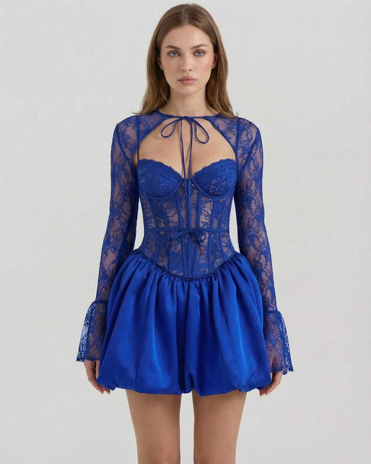 Azure Mini Dress by Lauven featuring blue lace, long sleeves, high waist, and satin A-line skirt for a chic look.
