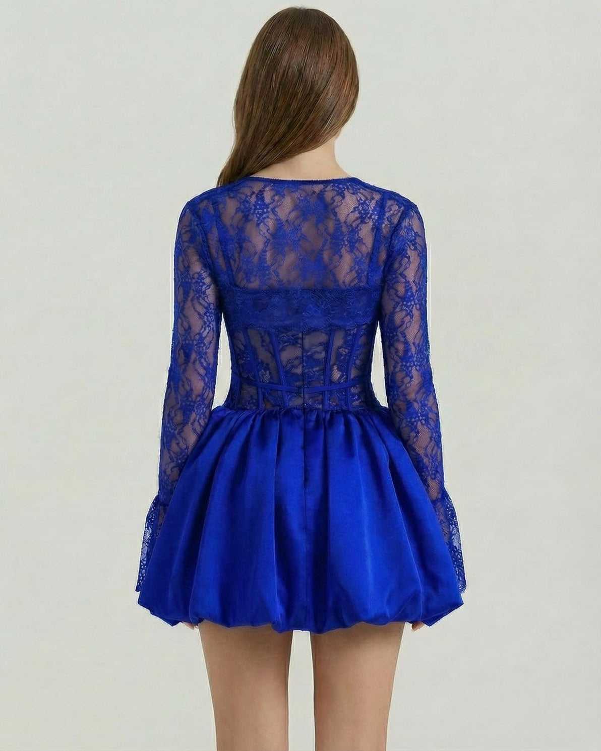 Azure Mini Dress by Lauven - Back view of blue lace A-line mini dress with long sleeves and satin skirt.