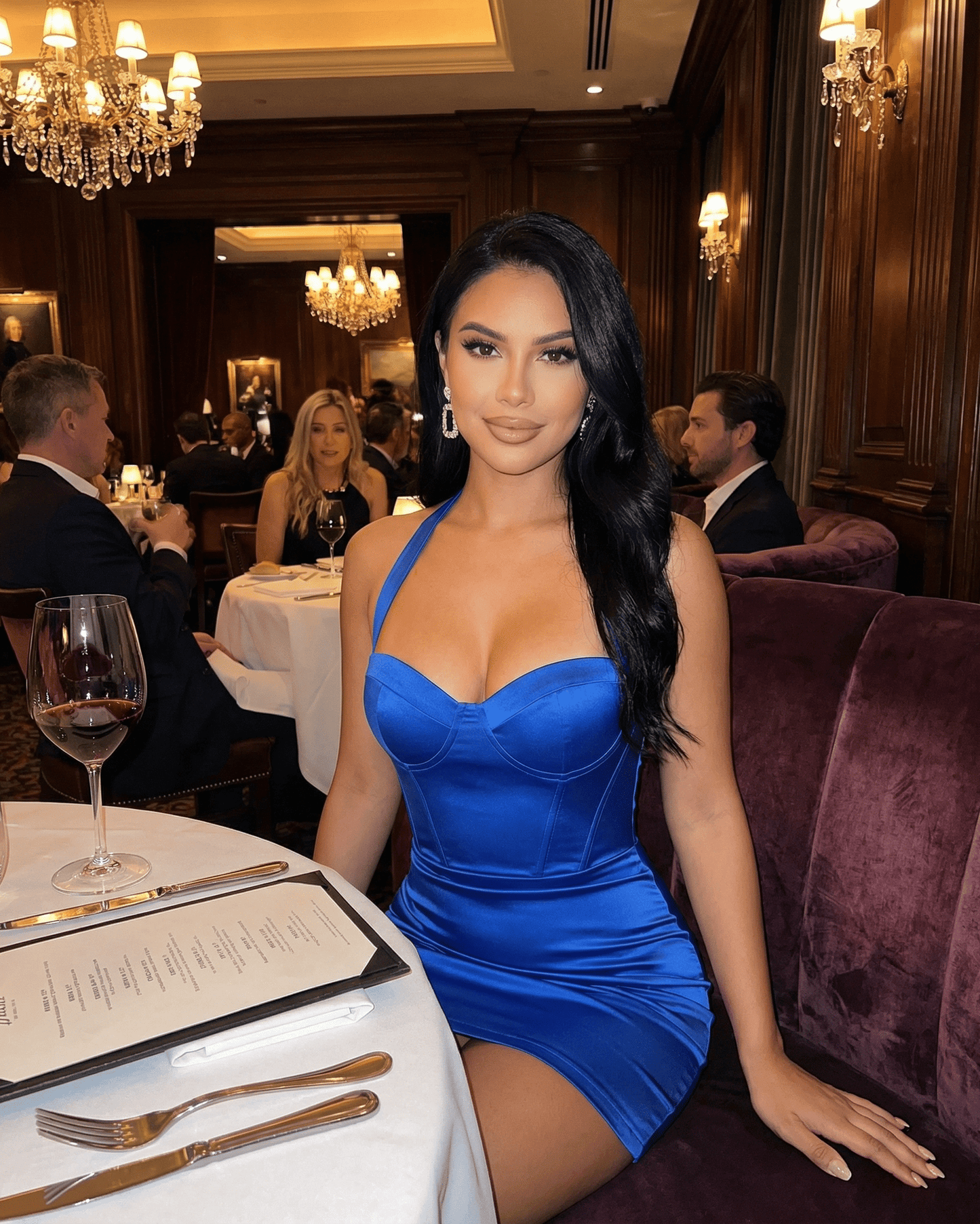 Azure Mini Dress by Lauven, blue satin bodycon halter style on a woman at an elegant dinner setting.