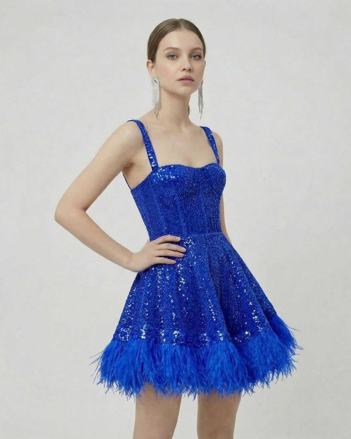 Azure Mini Dress by Lauven - Blue Sequin A-Line Mini Dress with Faux Fur Hem, shimmering style and elegant silhouette.