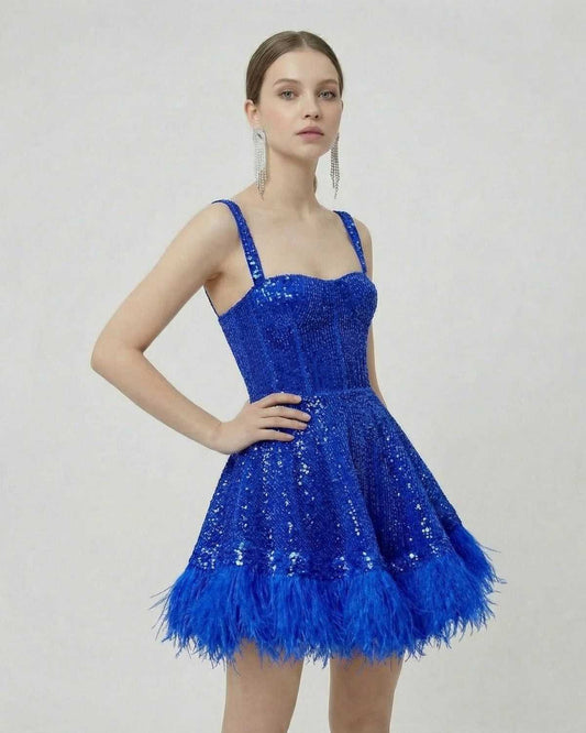 Azure Mini Dress by Lauven - Blue Sequin A-Line Mini Dress with Faux Fur Hem, shimmering style and elegant silhouette.
