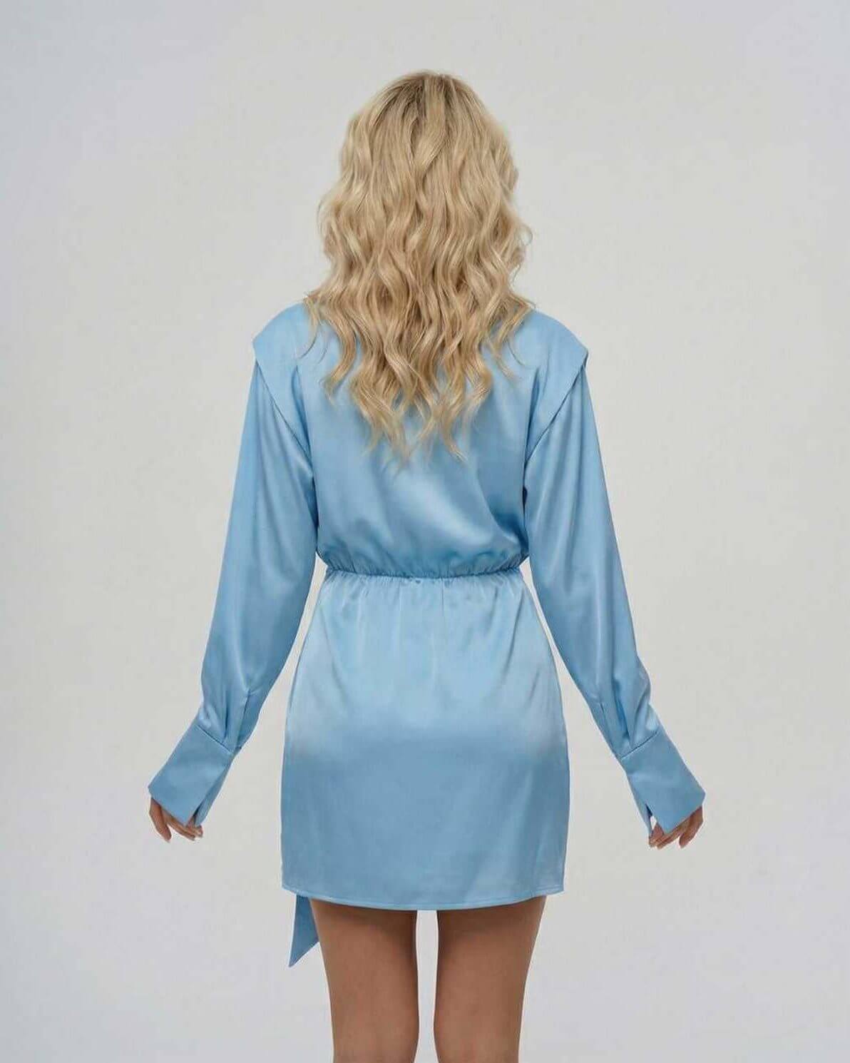 Back view of the Lauven Azure Mini Dress showcasing its elegant satin finish and adjustable waist design.