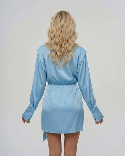 Back view of the Lauven Azure Mini Dress showcasing its elegant satin finish and adjustable waist design.
