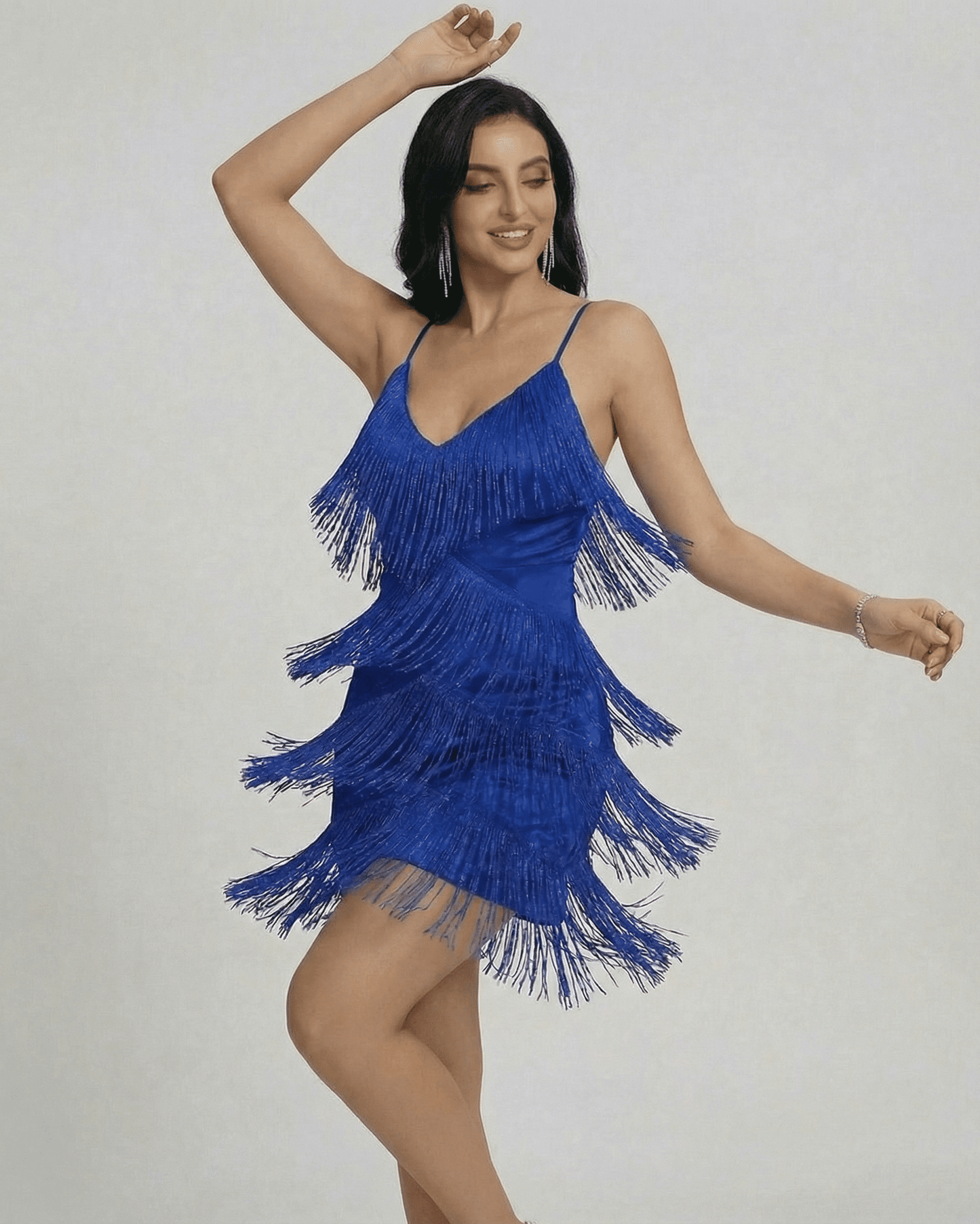Azure Mini Dress by Lauven featuring vibrant blue color, layered fringe, and elegant V-neck design.