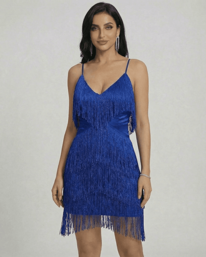 Azure Mini Dress by Lauven, featuring a fringe V-neck design and sleeveless cut in vibrant blue.