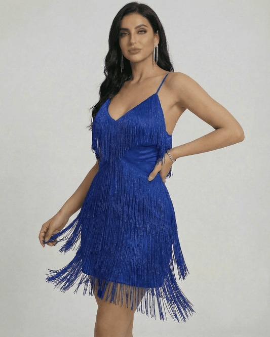 Azure Mini Dress by Lauven featuring fringe detailing and a flattering V-neck silhouette.
