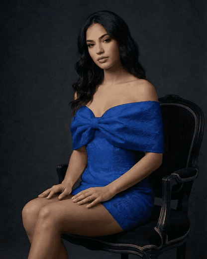 Azure Mini Dress by Lauven featuring off-the-shoulder bowknot detail and A-line silhouette in elegant blue.