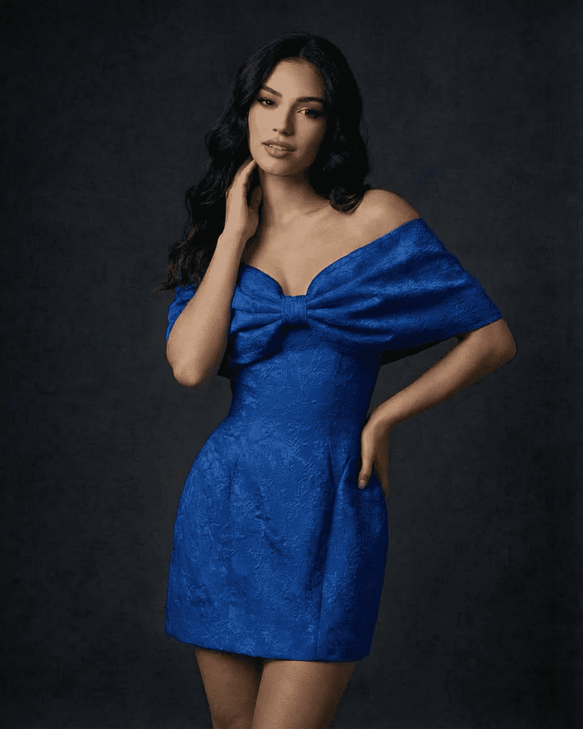 Azure Mini Dress by Lauven featuring off-the-shoulder bowknot detail and elegant A-line silhouette.