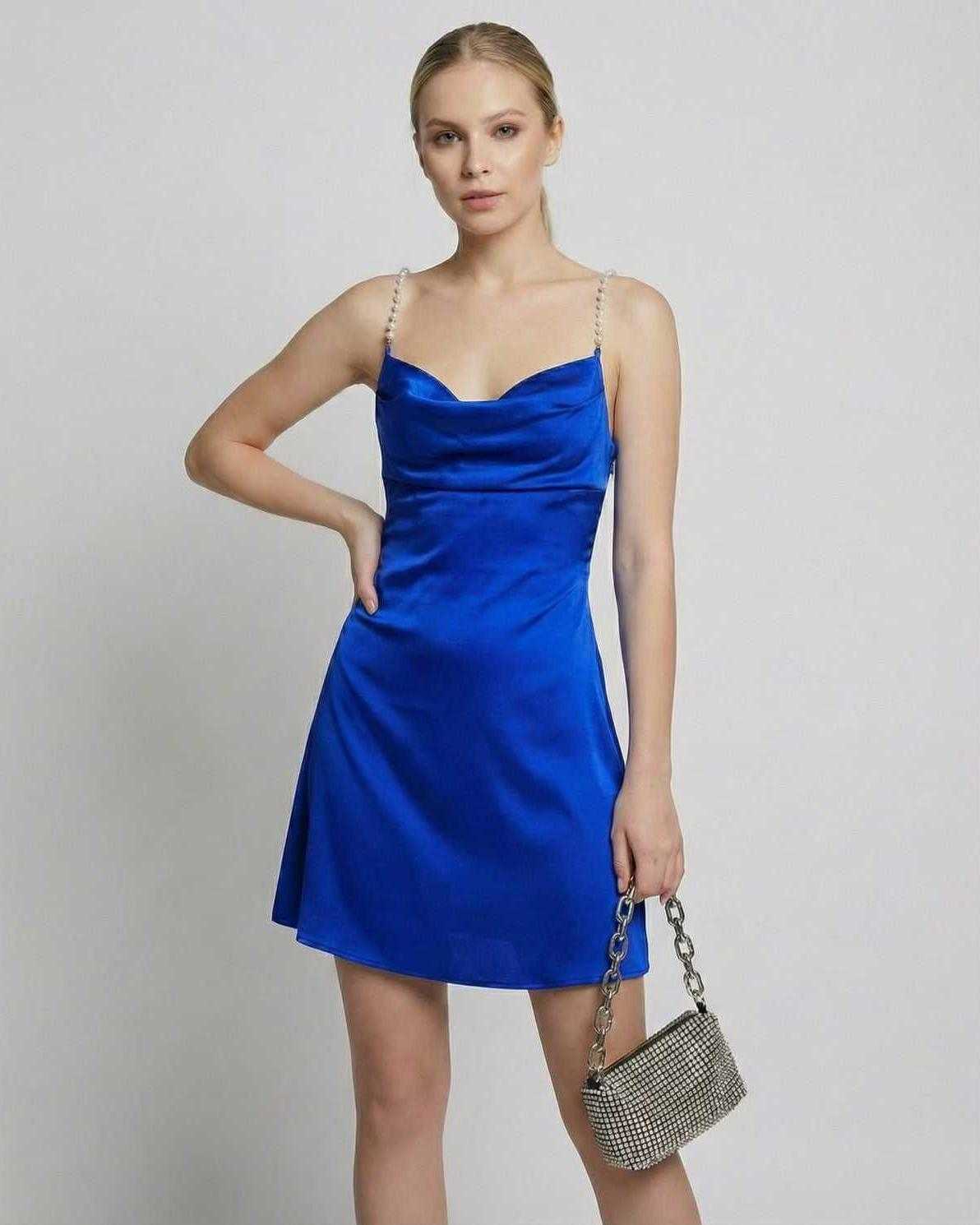 Azure Mini Dress by Lauven - Elegant satin sheath mini dress with draped neckline and pearl straps in vibrant blue.