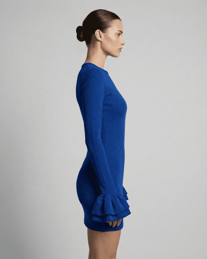 Azure Mini Dress by Lauven – Side view of a sleek bodycon dress in vibrant blue with ruffled sleeves.