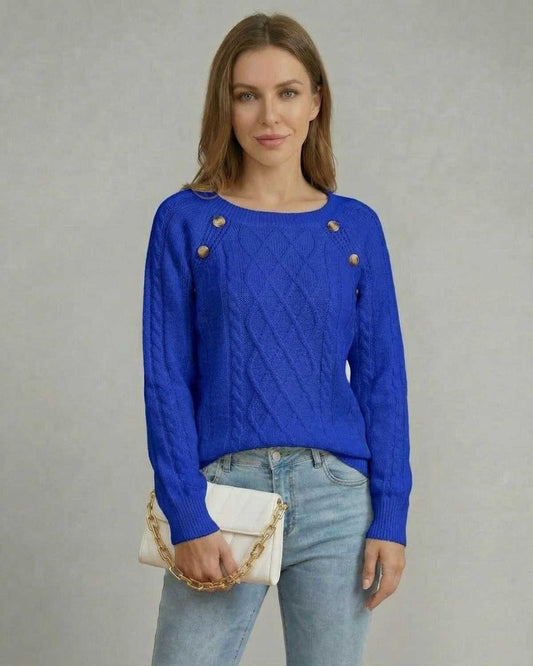 Azure Pullover by Lauven - women’s vivid blue cable knit sweater with square collar and raglan sleeves.