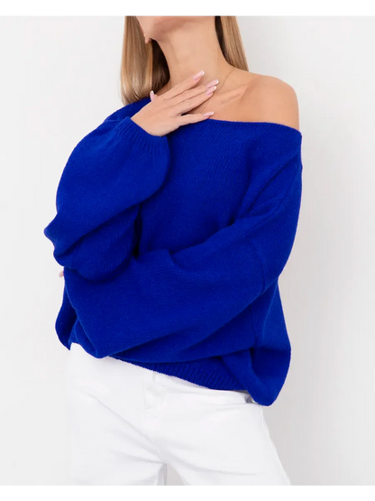 Azure Sweater by Lauven - Oversized women’s knit sweater in vibrant blue with boat neck design.