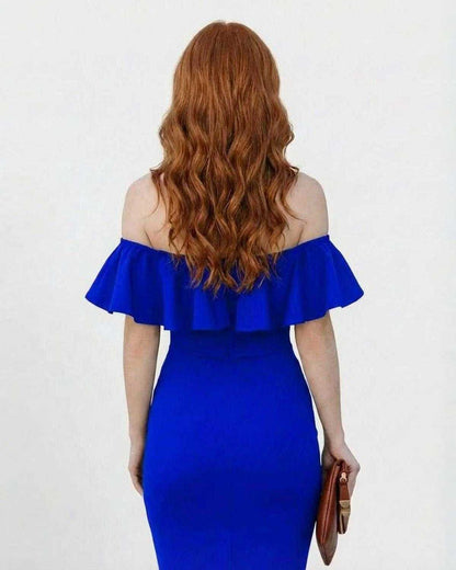 Azuréa Midi Dress by Lauven - Off Shoulder Ruffled Midi Dress in vibrant blue, showcasing a bodycon silhouette.