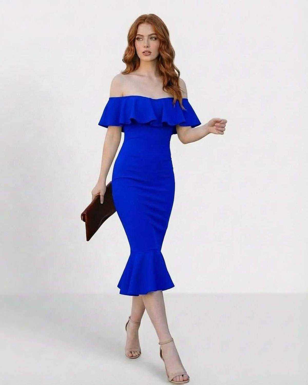 Azuréa Midi Dress by Lauven - Off Shoulder Ruffled Bodycon Midi Dress in Blue, perfect for elegant cocktail events.