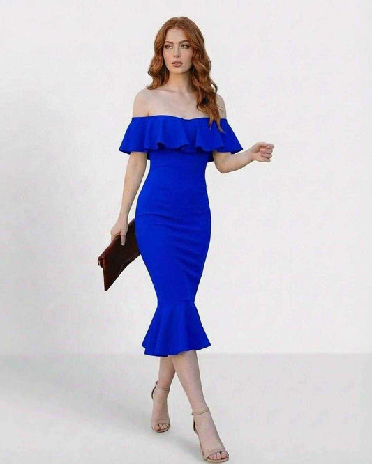 Azuréa Midi Dress by Lauven - Off Shoulder Ruffled Bodycon Midi Dress in Blue, perfect for elegant cocktail events.