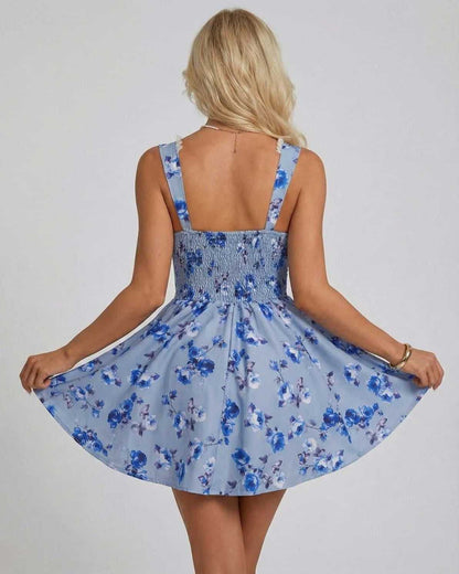 Azurea Mini Dress by Lauven - Floral V-Neck Cami silhouette with blue flower print and flared skirt.