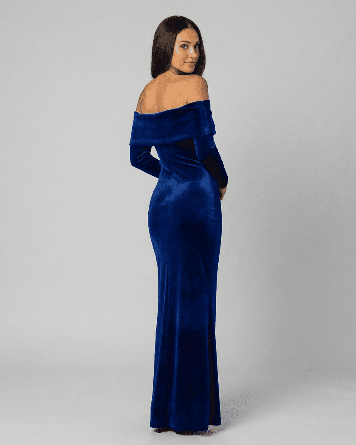 Azzura Maxi Dress by Lauven in a rich blue, off-shoulder design, highlighting an elegant bodycon silhouette.