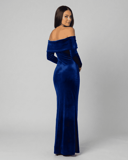 Azzura Maxi Dress by Lauven in a rich blue, off-shoulder design, highlighting an elegant bodycon silhouette.