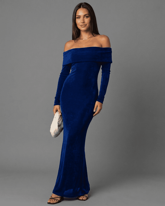 Azzura Maxi Dress - Elegant off-shoulder bodycon design by Lauven, featuring long sleeves and a sleek silhouette.