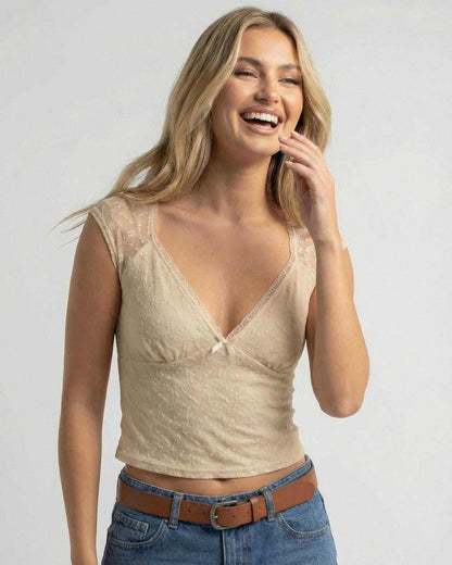 Beige Lace Top by Lauven, slim fit V-neck crop tee in soft neutral beige, perfect for summer styling.