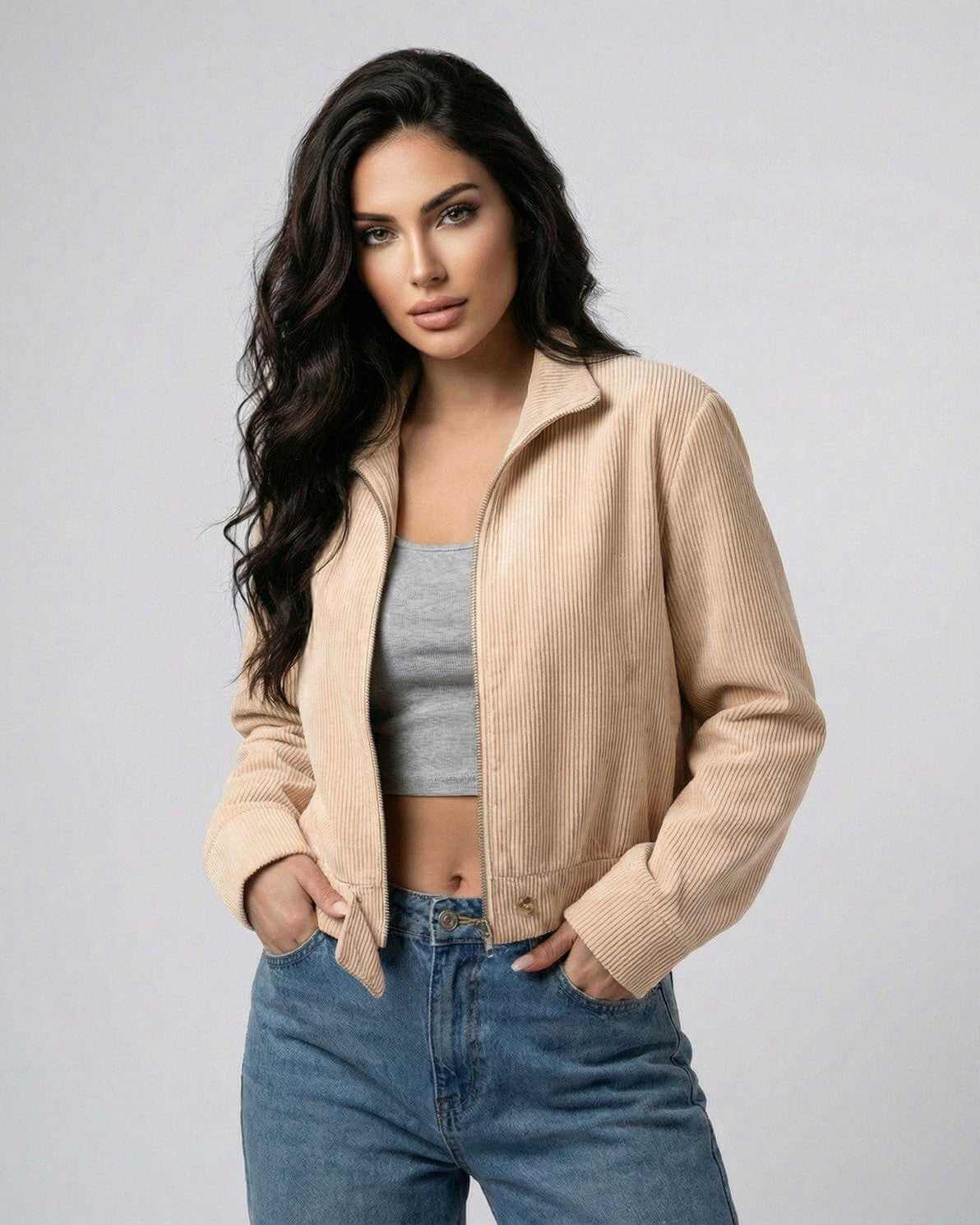 Beige Slim Jacket by Lauven - Women’s fitted zip jacket, modern layering for everyday style.