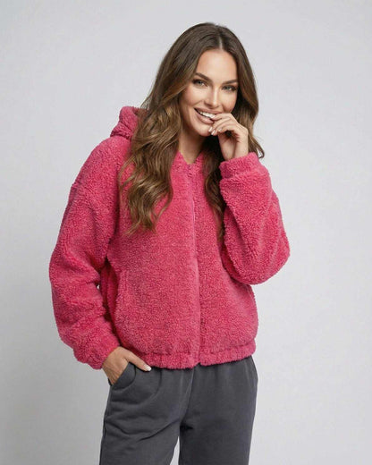 Berry Fleece Jacket by Lauven – Women's cozy zip teddy jacket in vibrant pink color.