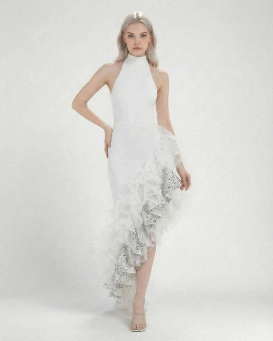 Bianca Maxi Dress by Lauven, elegant white halter neck with asymmetrical ruffle detail.