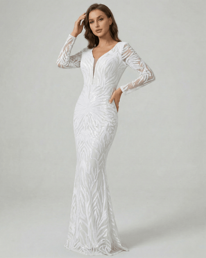Bianca Maxi Dress by Lauven - White Sequin Maxi Dress with Long Sleeves and V-Neck
