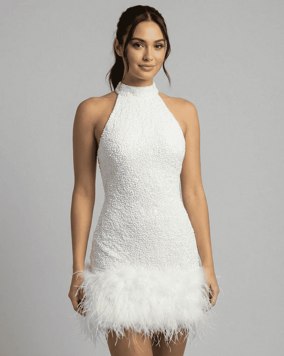 Bianca Mini Dress by Lauven - white sequin halter bodycon dress featuring a fuzzy hem and sleek silhouette.