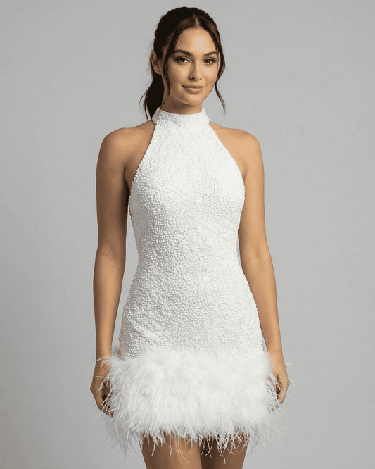 Bianca Mini Dress by Lauven - white sequin halter bodycon dress featuring a fuzzy hem and sleek silhouette.