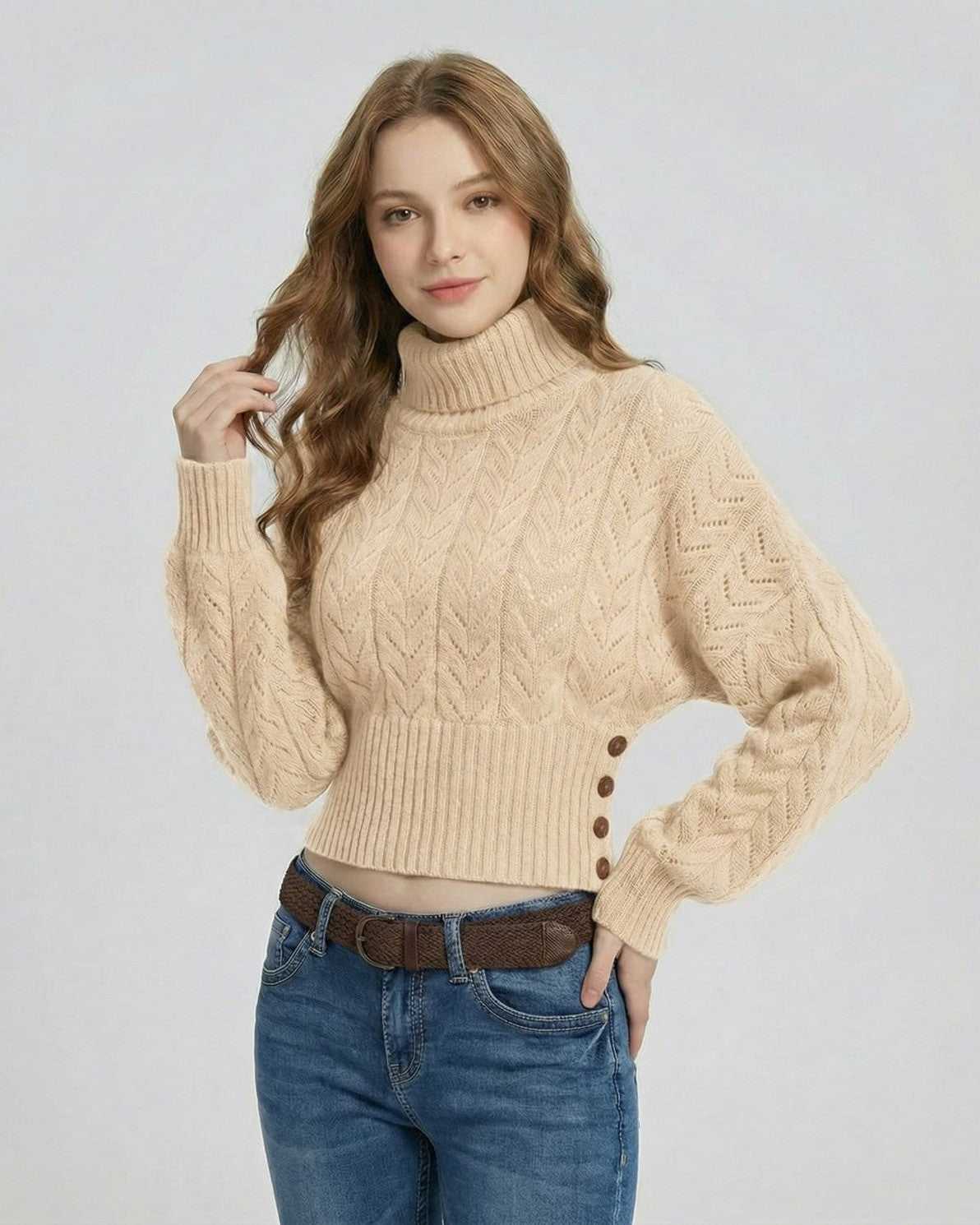 Biscotti Sweater by Lauven, a stylish slim fit turtleneck knit sweater featuring a structured silhouette and elegant details.