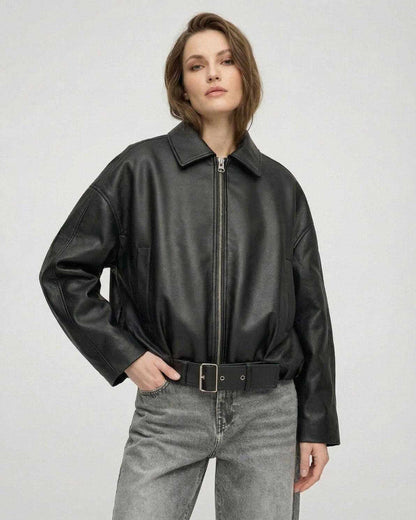 Black Belted Jacket by Lauven, featuring an oversized fit and structured collar, showcasing a sleek leather-look finish.