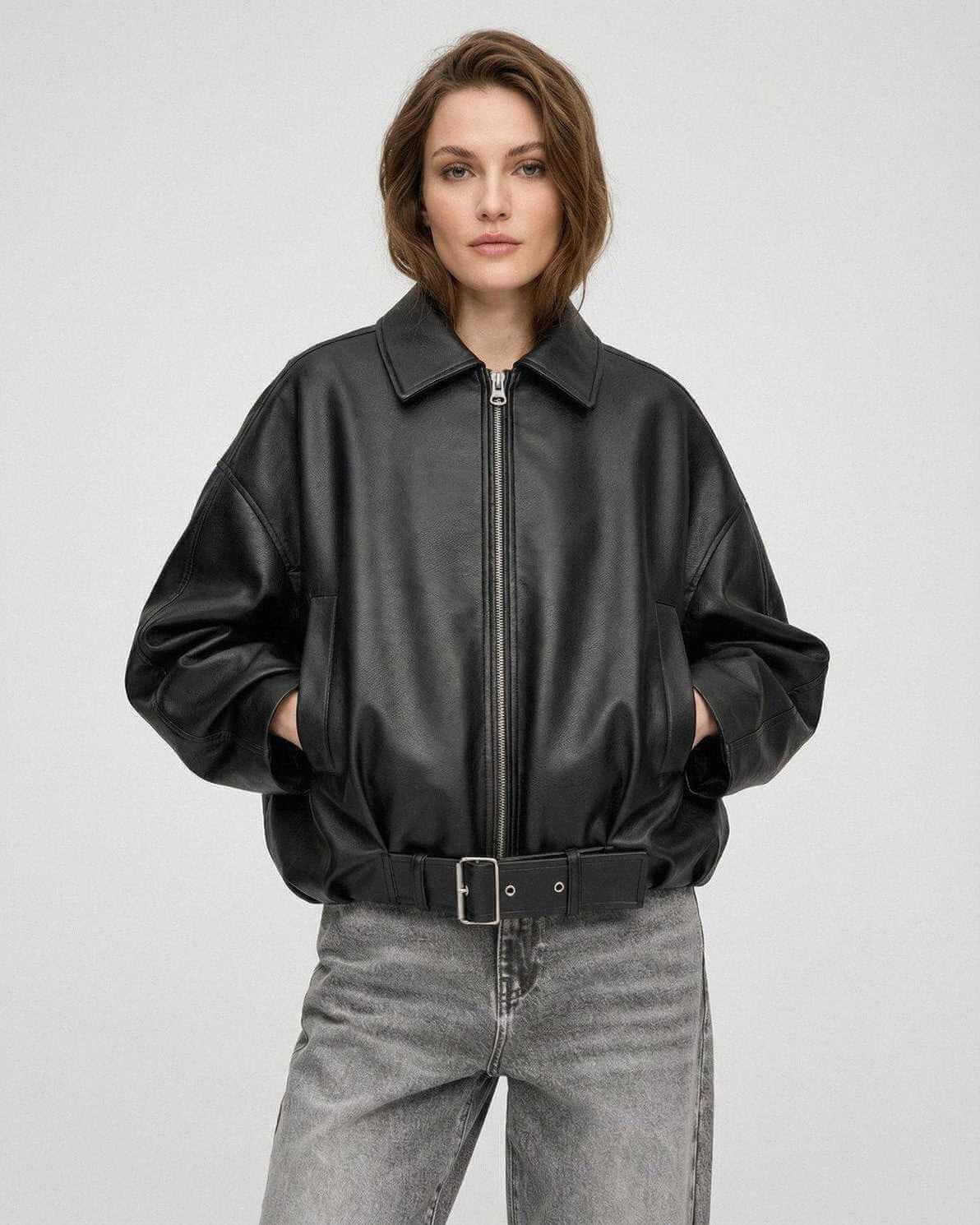 Black Belted Jacket by Lauven, women’s oversized zip jacket with structured lapel collar and leather-look finish.