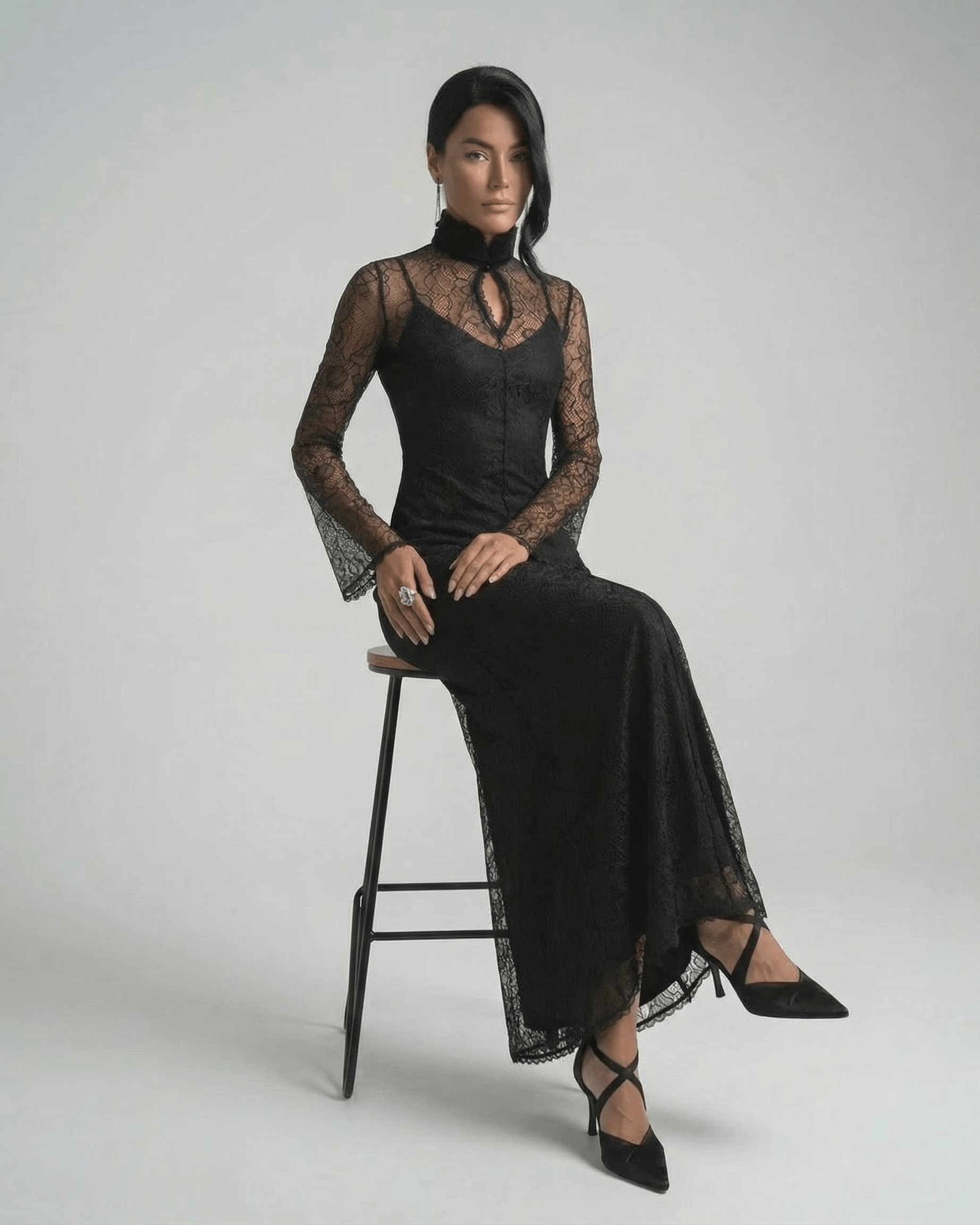 Lauven Noctavia Maxi Dress - Black Lace Long Sleeve Bodycon Maxi Dress with Stand Collar