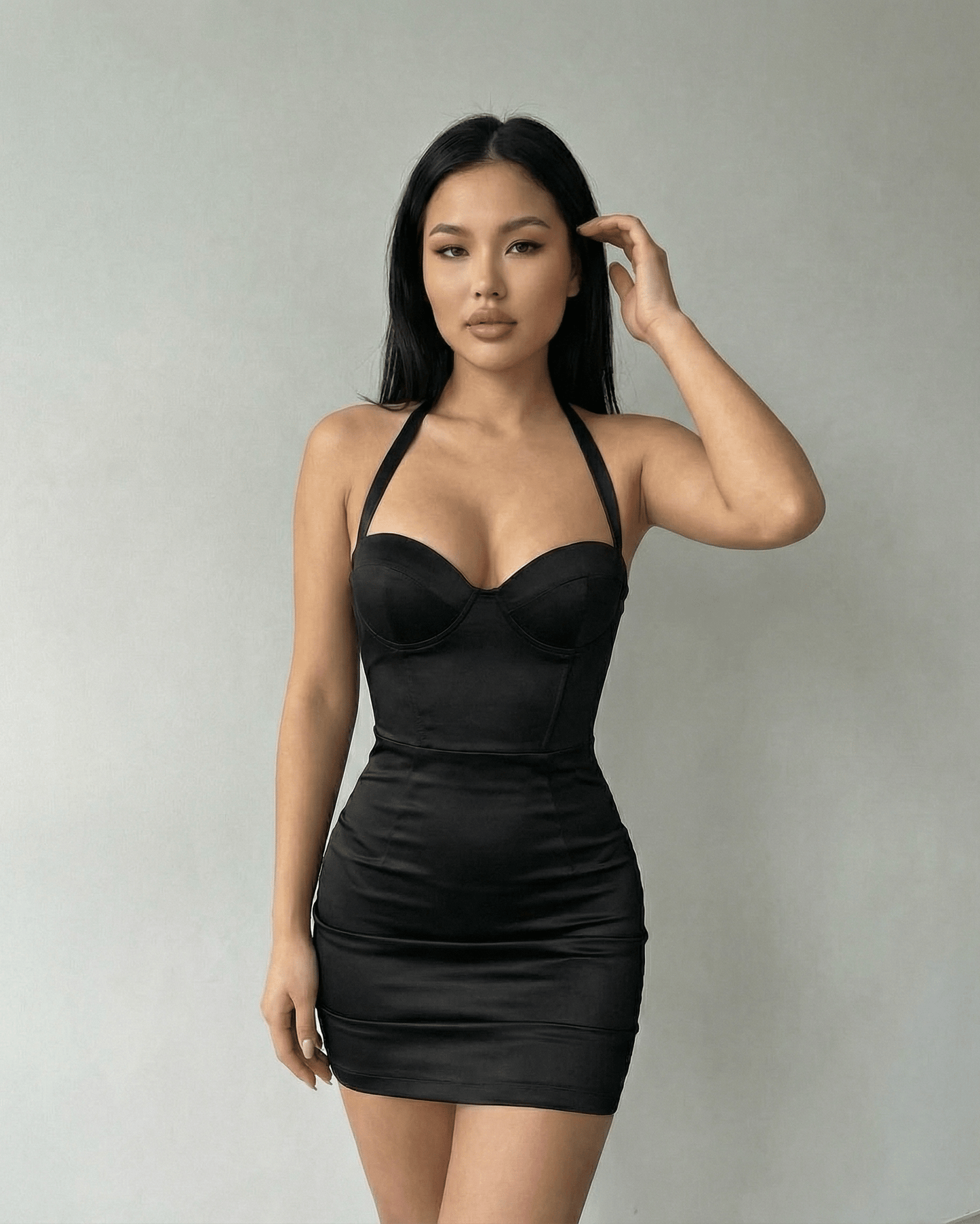 Monaco Mini Dress by Lauven, black satin bodycon halter mini dress featuring sculpted cup detailing.