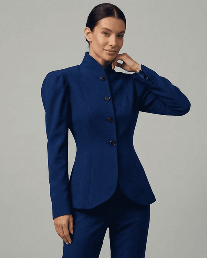 Bleuette Blazer by Lauven featuring stand collar and structured puff sleeves, exuding elegance and sophistication.