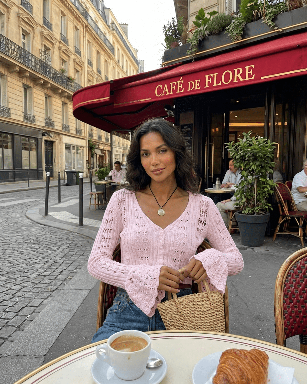 A woman wearing the Blossom Cardigan in pink at Café de Flore, enjoying coffee and a pastry, showcasing style and elegance.